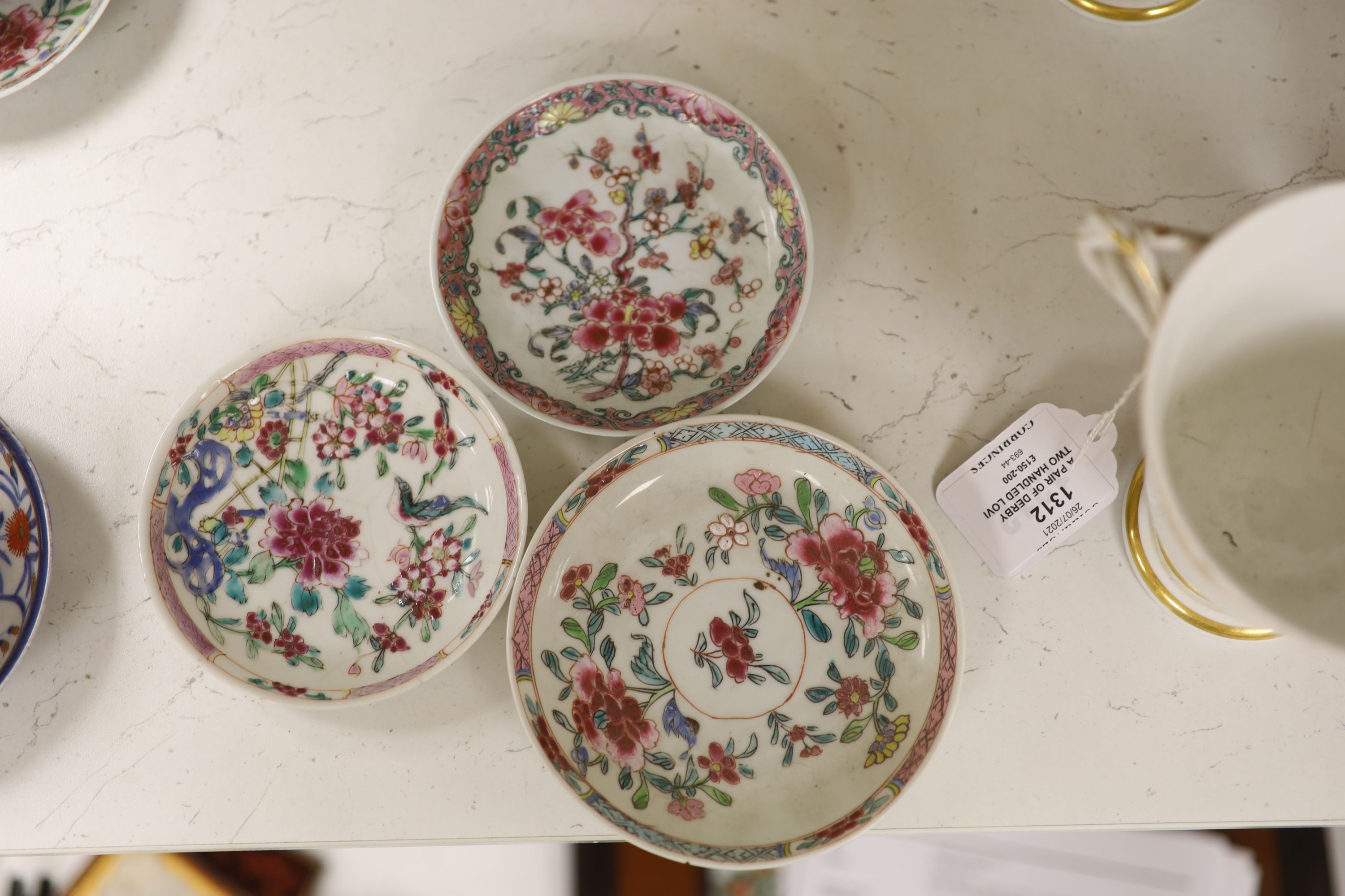 Three 18th century Chinese famille rose or Imari tea bowls together with five saucers